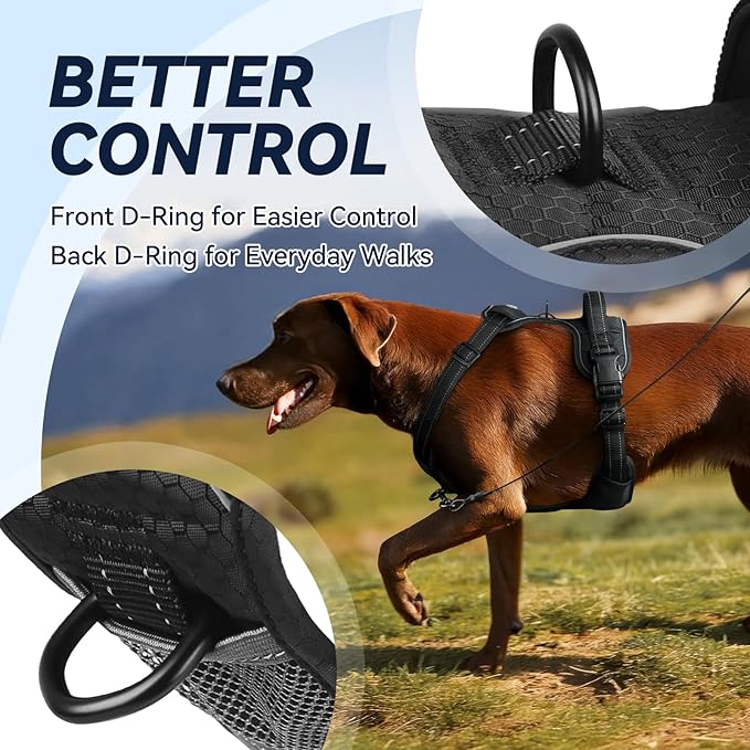 VIVAGLORY Dog Harness Easewalk No Pull Dog Harness with Handle & Front Back Clip for Training Lifting, Easy On Adjustable Padded No Pull for Pet & Puppy, XL, Black