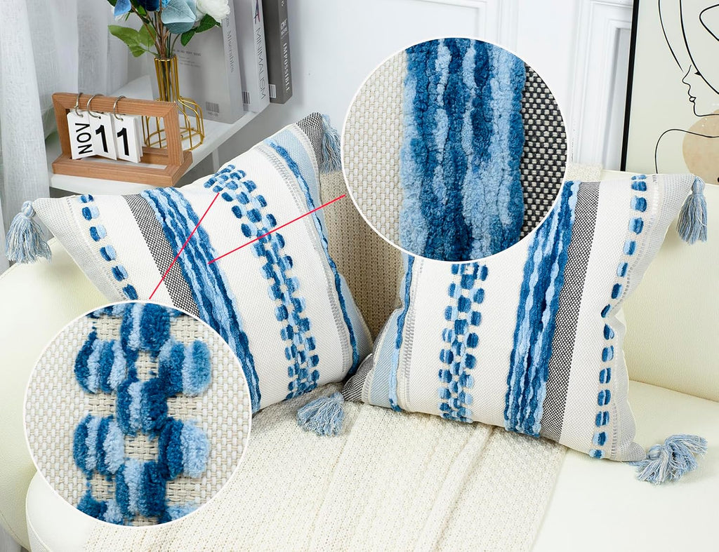 PANOD Chenille Farmhouse Throw Pillow Covers 16 x 16 Blue, Neutral Boucle Couch Pillow Cover, Striped Decorative Boho Coushion Cover Pillow Case for Couch Bed Sofa Bedroom,Modern Accent,Set of 2