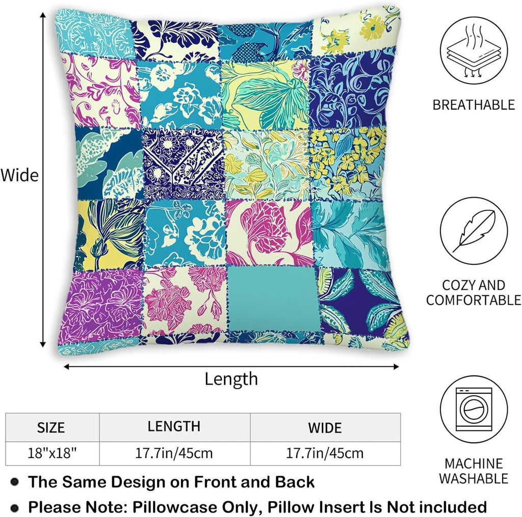 Throw Pillow Covers 18x18 Set of 2,Patchwork-Inspired Print Cushion Covers, Decorative Square Pillowcases for Couch, Bedroom, Living Room