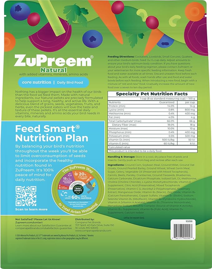 ZuPreem Natural Bird Pellets, Daily Bird Food for Cockatiel, Lovebird, Quaker, Small Conure, Lorikeet, Core Nutrition for Medium Birds, Added Vitamins, Cockatiel Pellets (M, 2.5 lbs)
