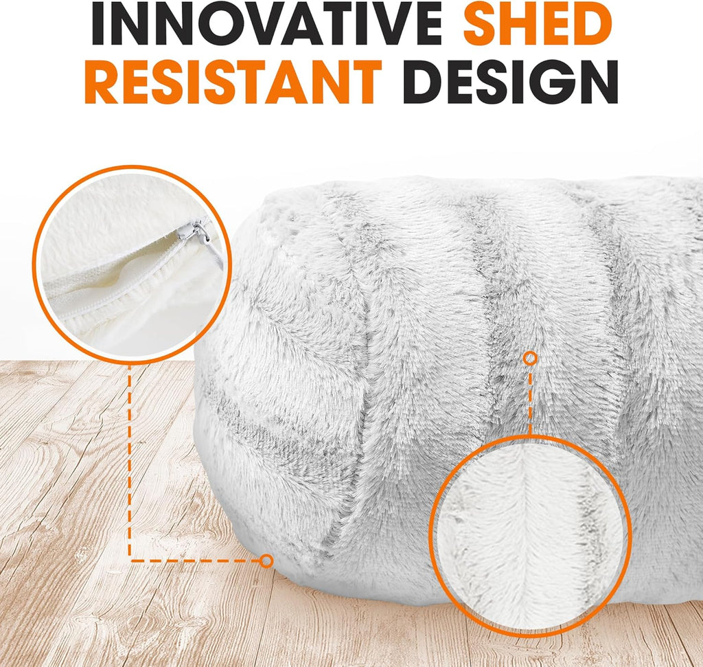 Cheer Collection Faux Fur Bolster Pillows – Soft Decorative Cylinder Pillows for Bed or Couch, Machine Washable – 8” x 24”, Set of 2, White