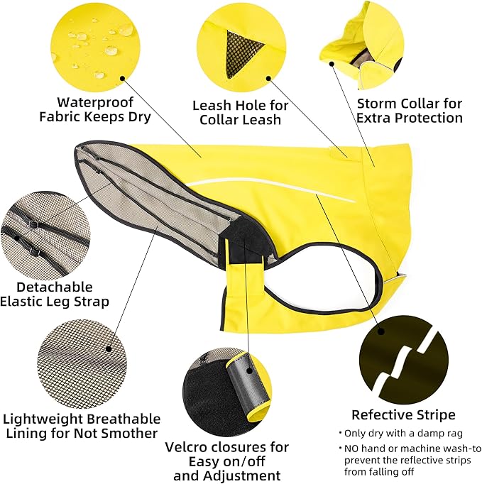 Mile High Life Dog Raincoat, Adjustable Waterproof Reflective Rain Jacket for Small Medium Large Dogs, Lightweight Breathable Pet Rain Coat with Leash Hole(Yellow,XS Chest 17-23")