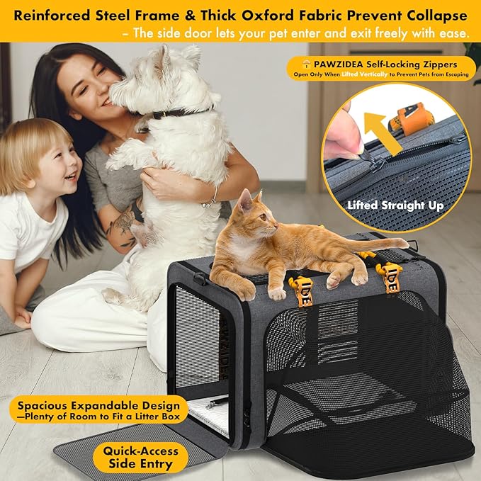 PAWZIDEA Expandable Large Pet Carrier with Wheels, 24x16x16 in Rolling Cat Carrier for 2–4 Cats up 55lb, Soft-Sided Collapsible Small Medium Dog Crate for Car Travel, Telescopic Handle, Storage Pocket