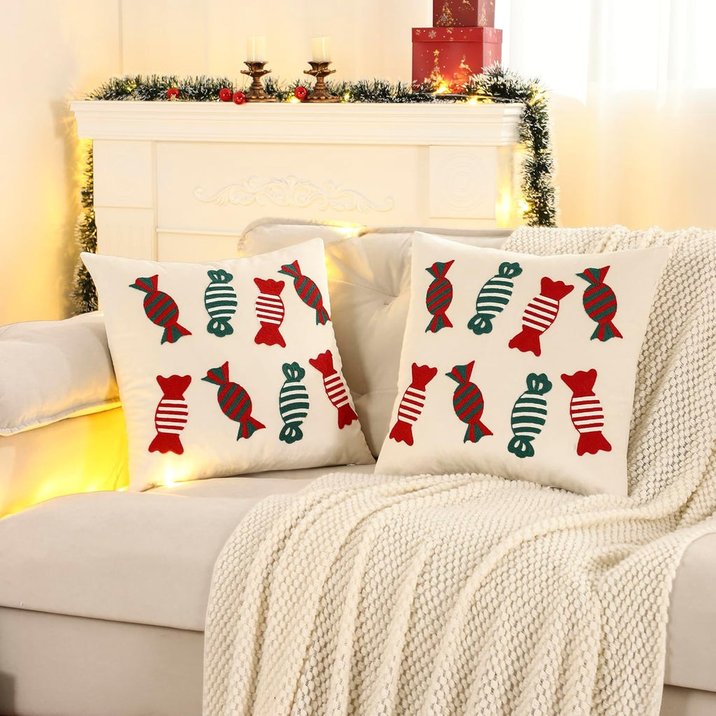LUOYEHK Christmas Pillow Covers 18x18 Set of 2 Candy Decorative Beige Pillow Cases Winter Holiday Velvet Embroidered Cushion Covers for Couch Sofa Bed