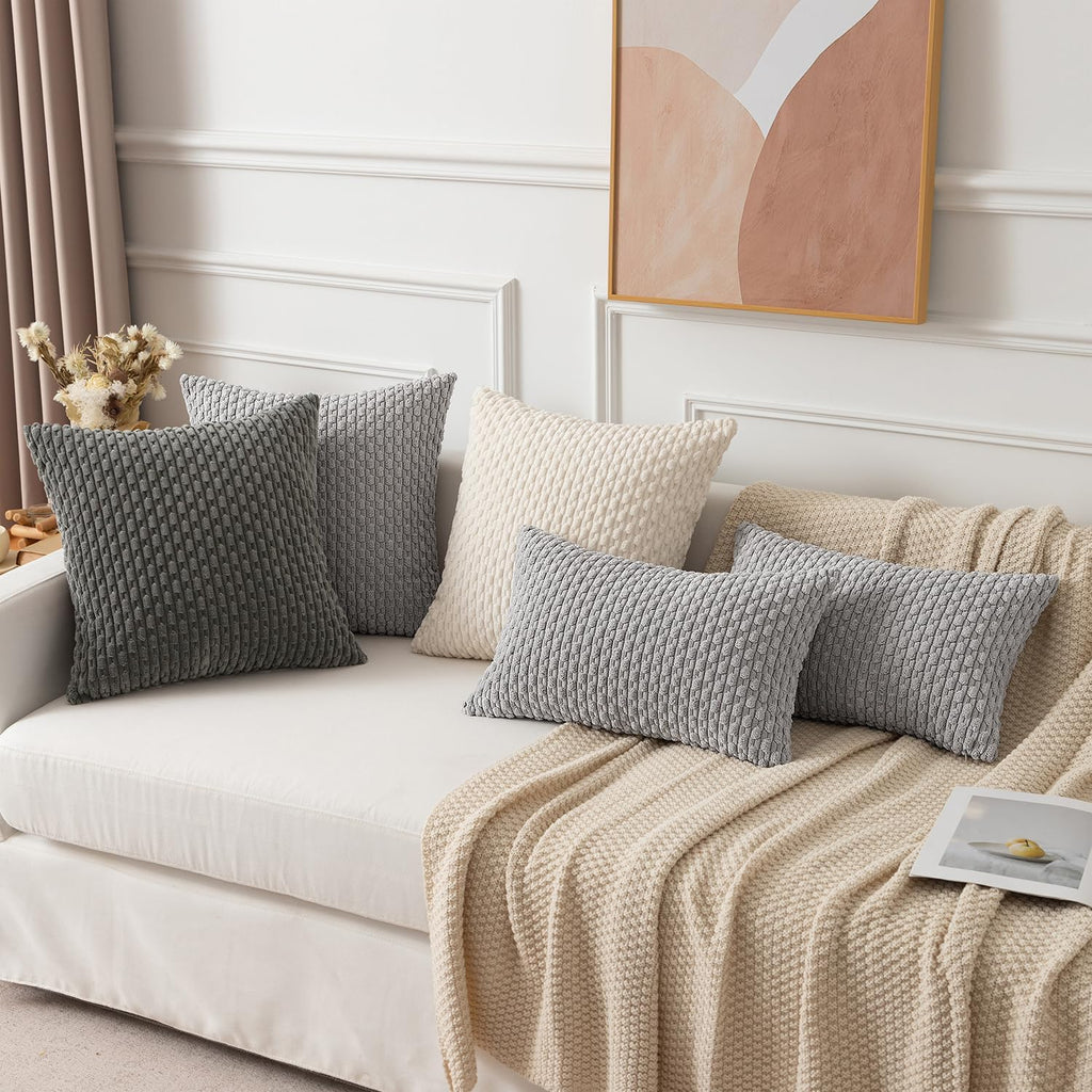 Kevin Textile 12x24 Inch Pillow Cover 1 Pack Boho Decorative Soft Striped Corduroy Lumbar Farmhouse Solid Color Accent Rectangle Cushion Case for Living Room Couch Sofa Bed, Light Grey