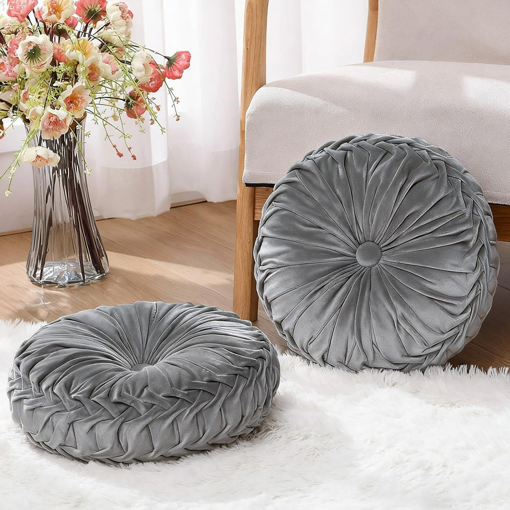 2 Pcs Round Throw Pillows 15 Inch Decorative Velvet Pleated Pumpkin Floor Boho Pillows for Living Room Couch Chair Bed Sofa (Gray)