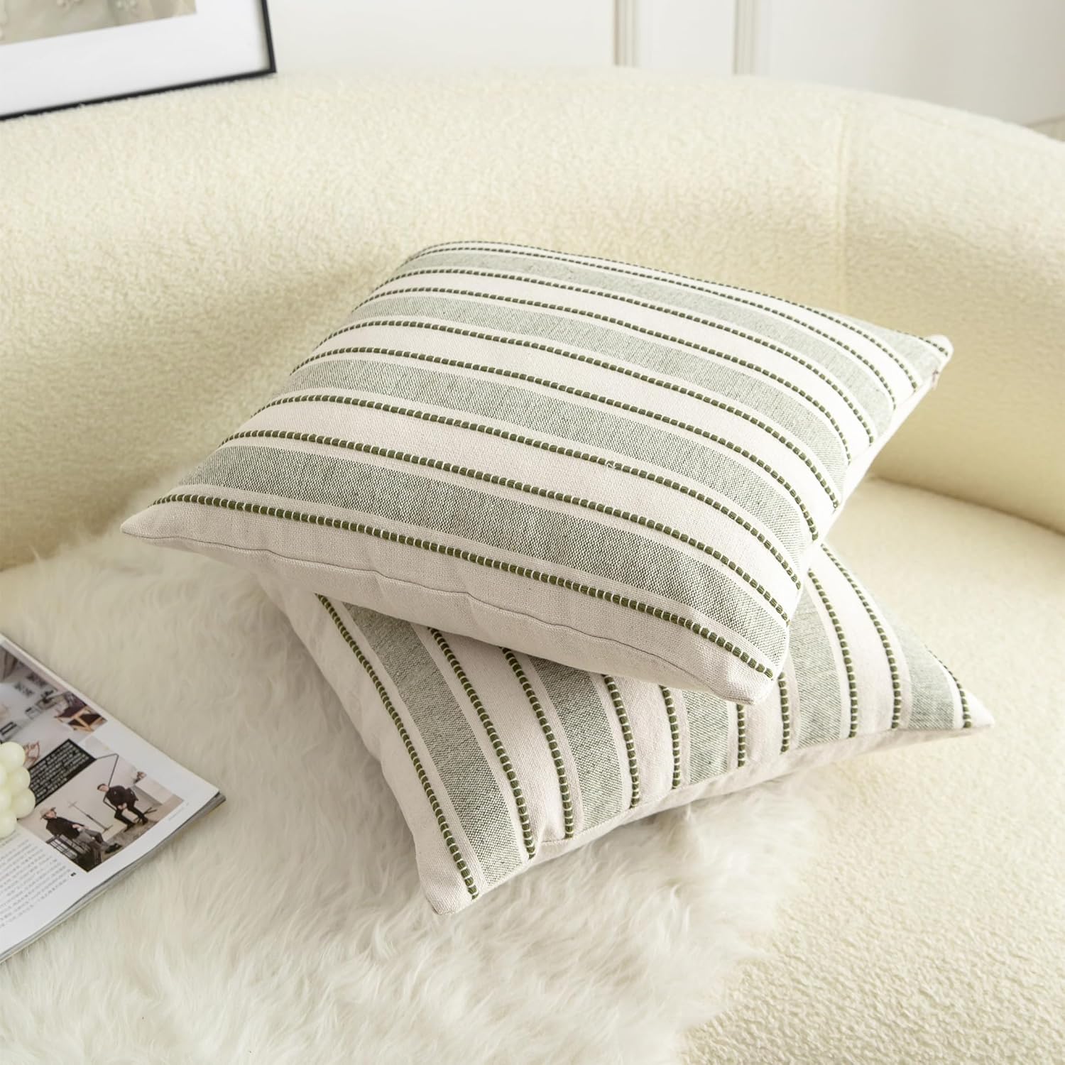 Decorative Boho Throw Pillow Covers, Farmhouse Textured Pillow Case, 22 x 22 Inch Set of 2, Chair Sofa Bedroom Living Room Home Decor Couch Cushion Case, Olive Green and Beige Striped