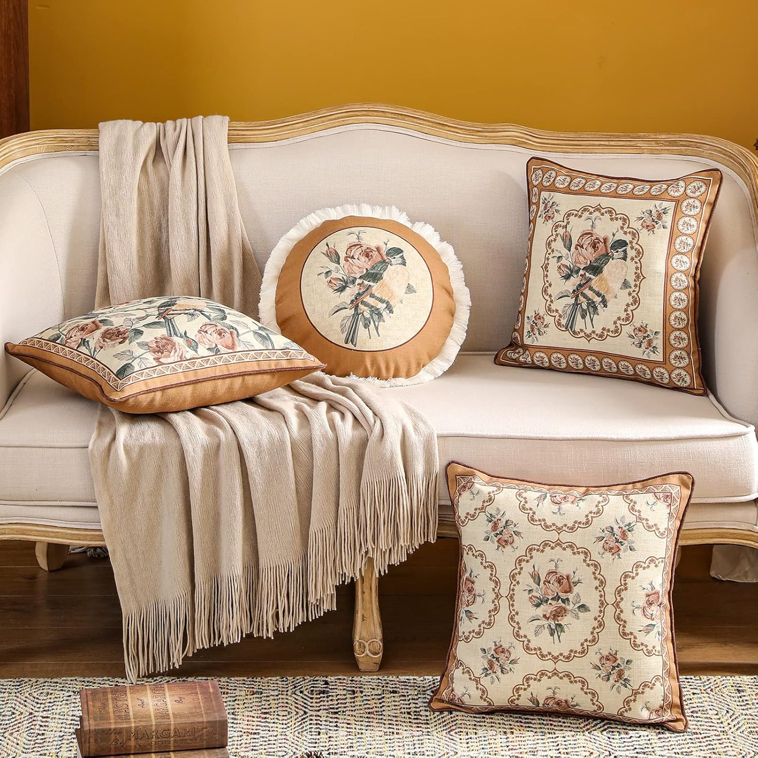 patdrea Designer Vintage Floral Throw Pillow Covers for Couch,Brown Yellow Linen Pillowcases with Bird and Rose Pattern Decorative Square Cushion for Bed Living Room Outdoor Cafe Car,18"x18"