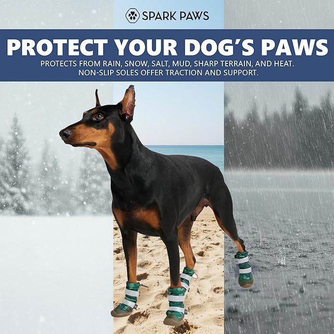 Spark Paws Dog Shoes, Waterproof Dog Boots for Medium to Large Dogs, Non Slip, Breathable Dog Booties and Paw Protectors - 4PCS Doggie Hiking Boots with Reflective Straps, Green Camo, Size 7