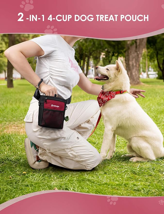 Gobeigo Dog Treat Pouch with Silicone Snack Bag, Front Pocket fits All Phones, 4 Cup Treat Bag with Training Clicker, Upgrade Stronger Magnetic Closure, 3 Ways to Wear Walking Fanny Pack (Red)