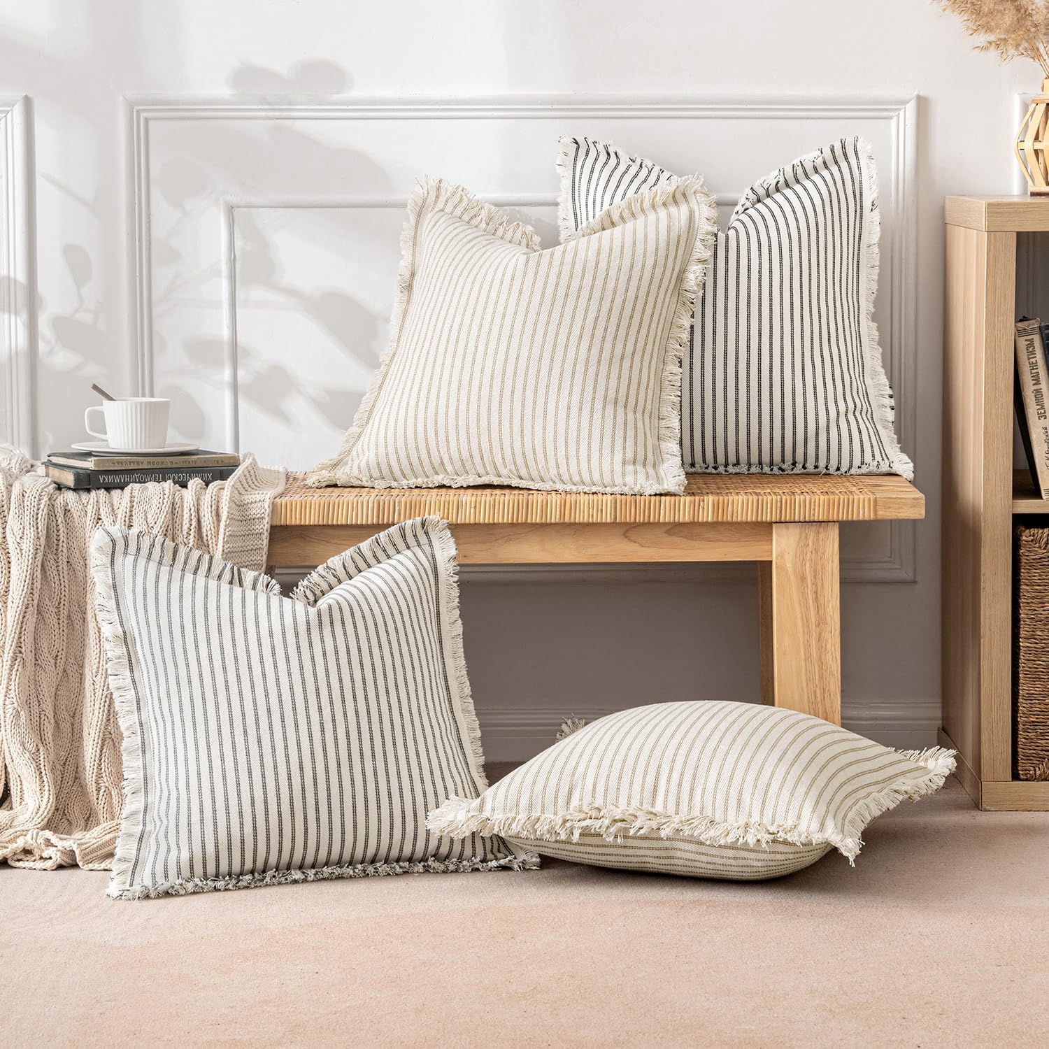 MIULEE Pack of 2 Gray Pillow Covers 20x20 Inch Striped Farmhouse Couch Throw Pillow Covers with Fringe Chic Linen Decorative Cushion Covers for Sofa Living Room Bed Outdoor Home Decor