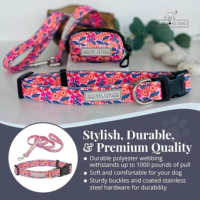 Lucky Love Dog - Easy Click Buckle Dog Collar with Leash Set Combo, Durable & Comfortable for Male & Female Dogs, Pet Collar for Small to Large Dogs, Secure Fit - Floral Rosie Combo, X-Small