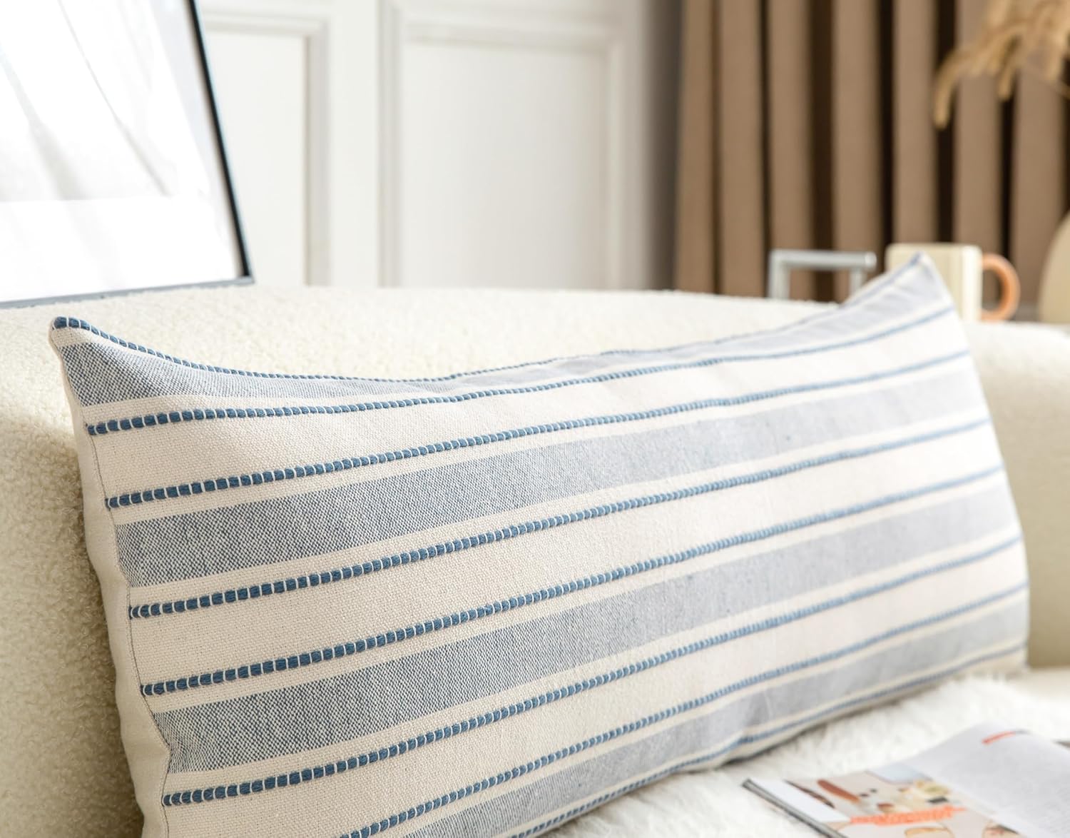 Decorative Boho Lumbar Pillow Covers, Modern Farmhouse Couch Pillowcase, 14 x 36 Long Accent Body Throw Pillow Covers, Sofa Bed Living Room Decor Cushion Case, Blue and Beige, Pack of 1