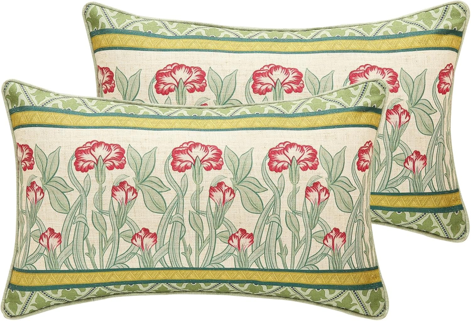 patdrea Designer Pack of 2 Rectangle Throw Pillow Covers,French Vintage Rustic Linen with Green Floral Pattern Pillows Cover,Decorative Lumbar Pillowcases Cushion for Bed Living Room,12"x20"