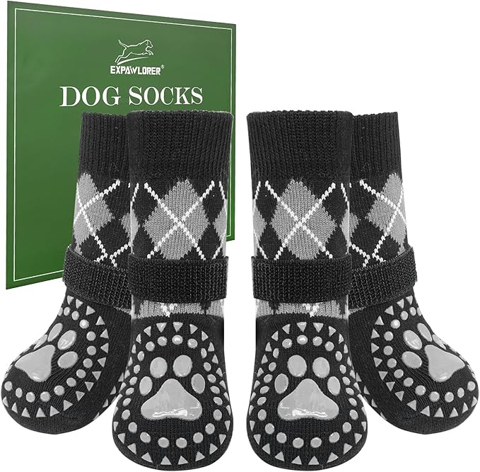 EXPAWLORER Dog Socks for Hot Pavement to Prevent Licking Paws, Plaid Non Slip Doggie Grippy Booties Shoes for Hardwood Floors, Boots & Paw for Small Medium Large Senior Dogs L