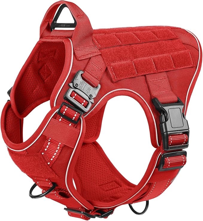 rabbitgoo Tactical Dog Harness for Large Dogs, No Pull Upgraded Reflective Heavy Duty Molle Vest with Handle, Adjustable Military Service Dog Vest for Walking Hiking Training, Red, XL