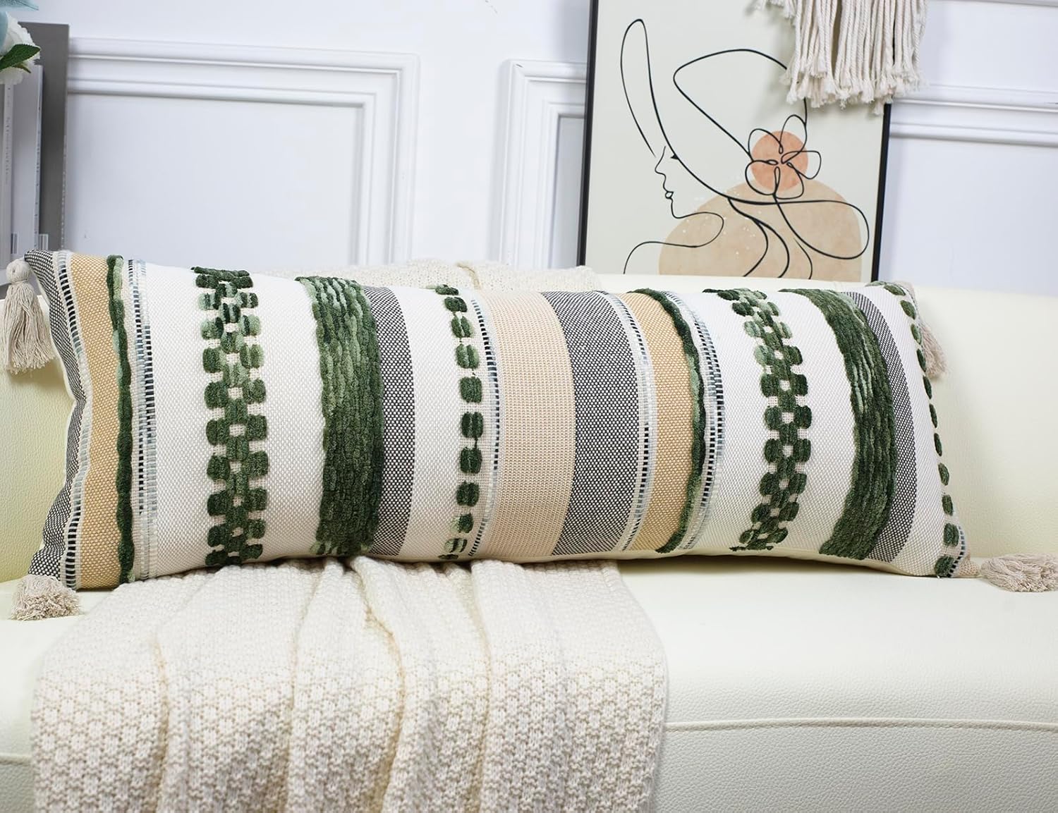 PANOD Boho Long Lumbar Throw Pillow Cover 16 x 36 Dark Green, Chenille Morocan Extra Long Pillow Case Cover, Decorative Long Pillow for Bed Couch Sofa Farmhouse