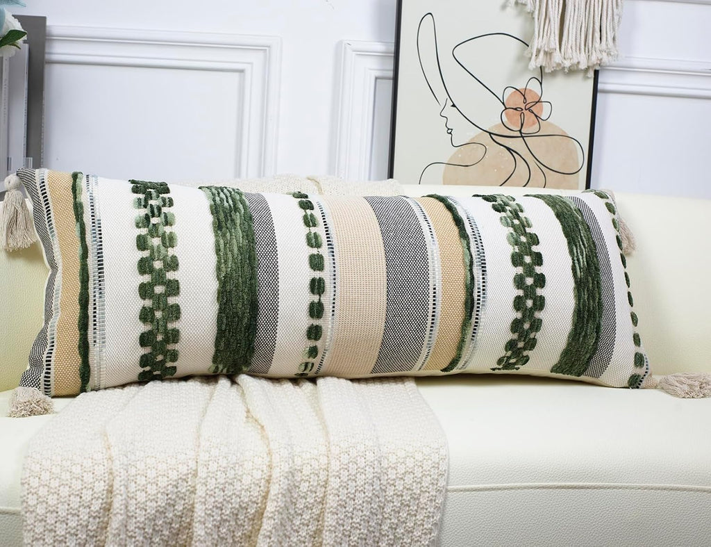 PANOD Boho Long Lumbar Throw Pillow Cover 14 x 36 Dark Green, Chenille Morocan Extra Long Pillow Case Cover, Decorative Long Pillow for Bed Couch Sofa Farmhouse