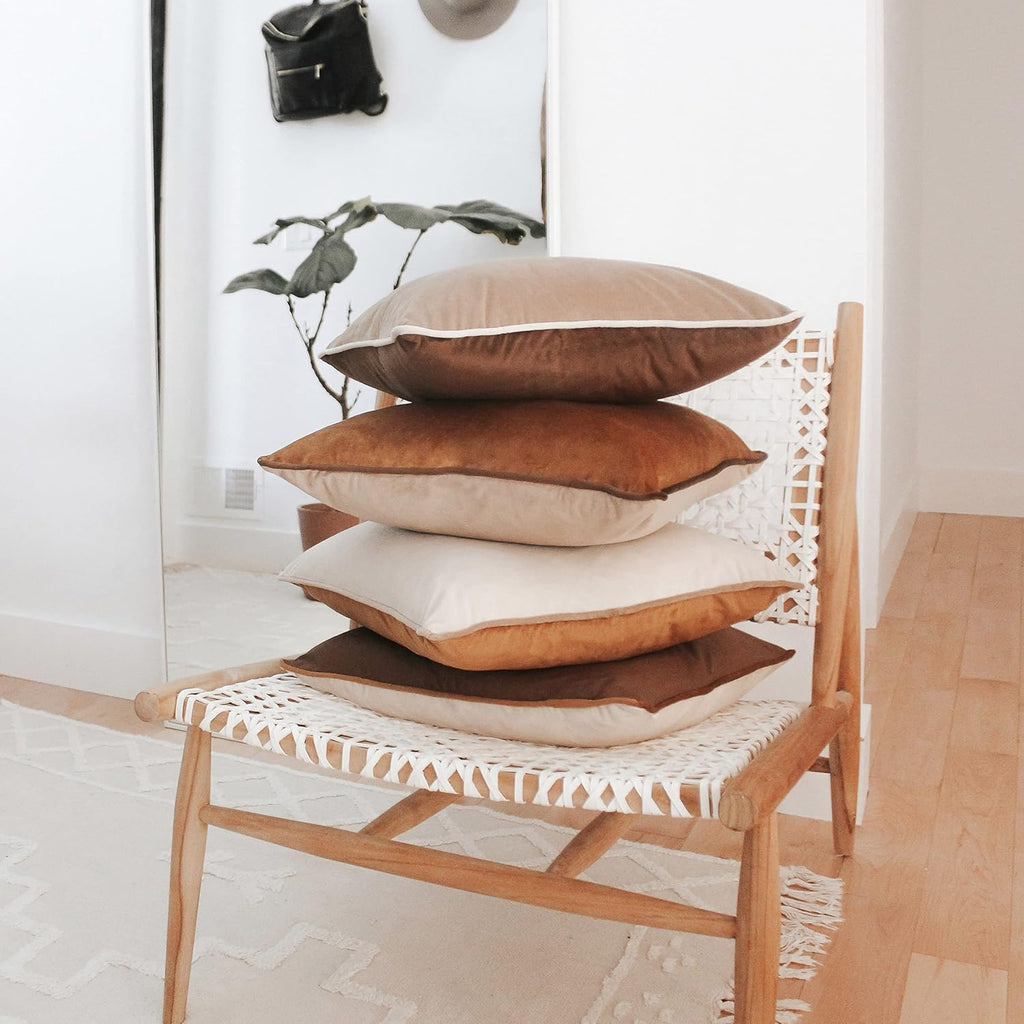 MONDAY MOOSE Decorative Throw Pillow Covers Cushion Cases, Set of 4 Soft Velvet Modern Double-Sided Designs, Mix and Match for Home Decor, Pillow Inserts Not Included (22x22 inch, Brown/Beige)