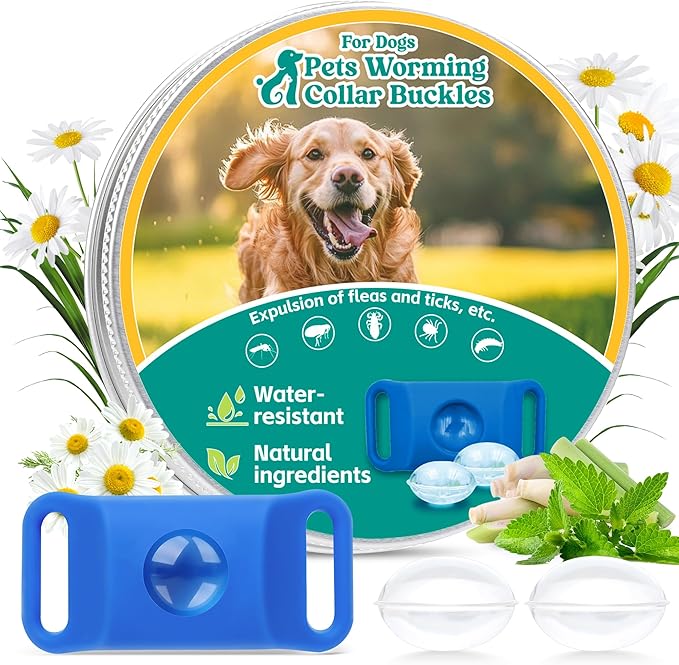 Natural Flea and Tick Prevention Dog Tag – Waterproof Collar Pendant with 2 Extra Refills, Blue, Safe for All Breeds,Collar Not Included