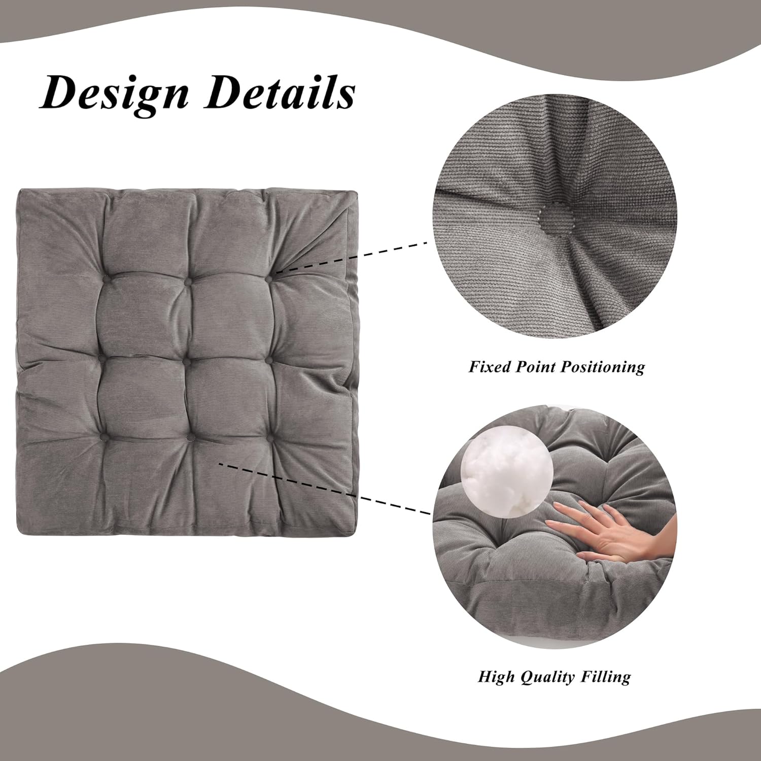 Meditation Floor Pillow 22×22 Inch 1 Pack Large Floor Cushions for Adults Square Tufted Corduroy Floor Pillows for Yoga Living Tatami Room Grey