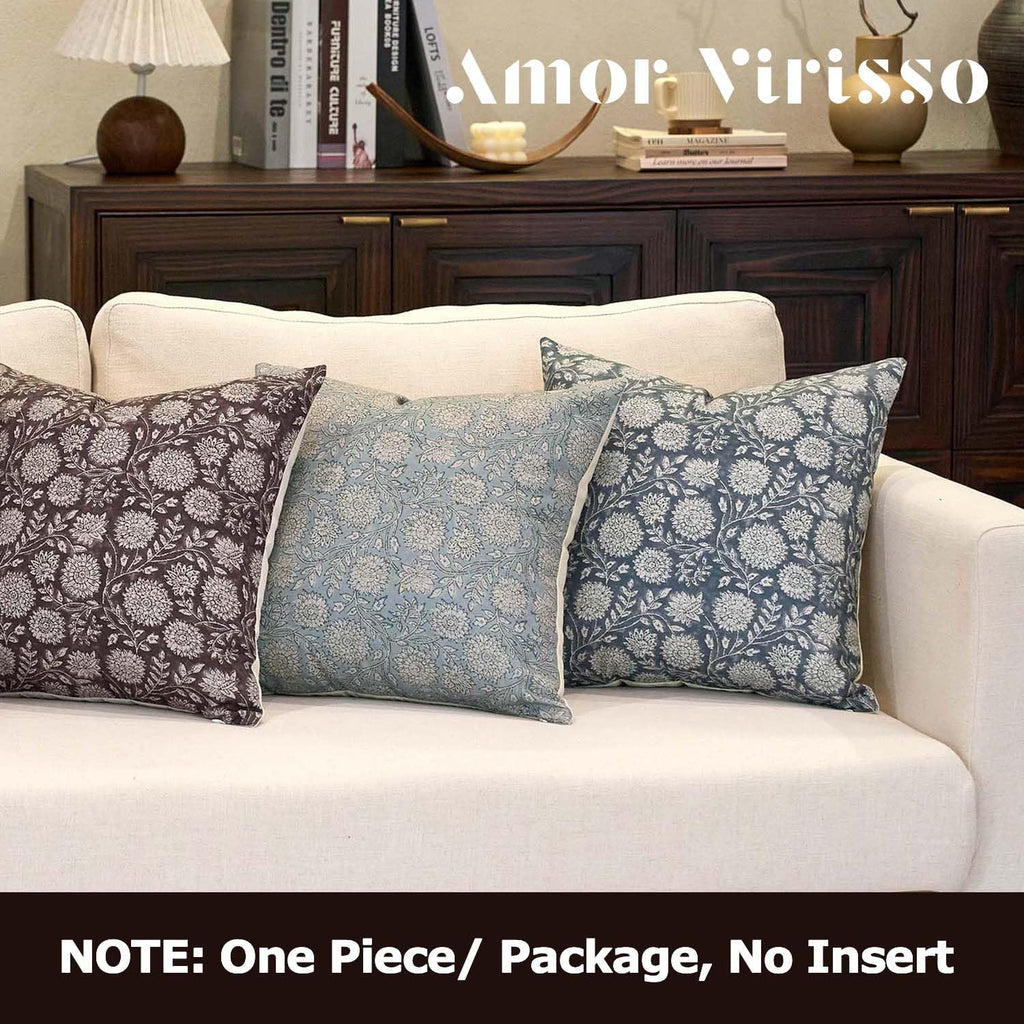 Amor Virisso Floral Throw Pillow Covers 20x20 Block Print Pillow Covers Vintage Neutral Couch Pillows for Living Room Farmhouse Decorative Accent Sofa Pillows, Light Blue
