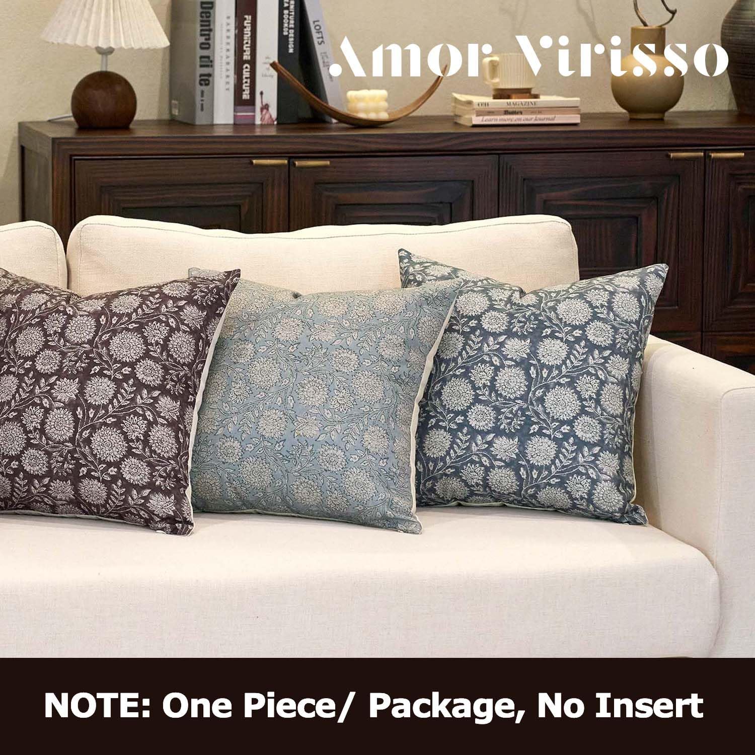 Amor Virisso Floral Throw Pillow Covers 20x20 Block Print Pillow Covers Vintage Neutral Couch Pillows for Living Room Farmhouse Decorative Accent Sofa Pillows, Light Blue