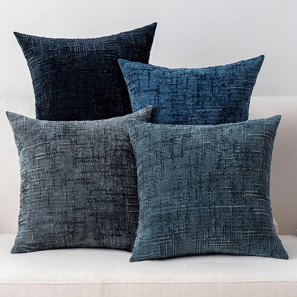 Decorative Throw Pillow Covers 18x18 Inch Set of 4, Soft Solid Farmhouse Chenille Couch Pillows, Spring Pillow Covers for Couch Sofa Bed Living Room Home Decor Pillowcase, Cool Colors