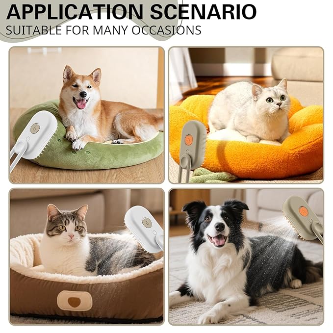 Steamy Pet Brush - Convenient Hair Removal, Easy Collection, Massage Function - Ideal Steam Brush for Cats! (White+coffee)