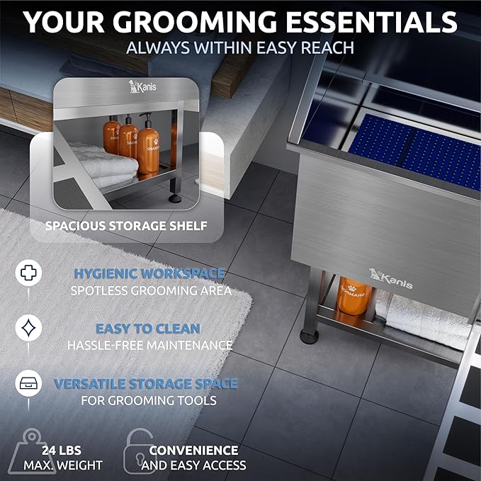 KANIS Professional Dog Washing Station - 304 Stainless Steel Pet Wash Sink & Grooming Bathtub w/Shower, Floor Grates and Storage for Large, Medium & Small Pets (40", Shelf - Right Ramp)