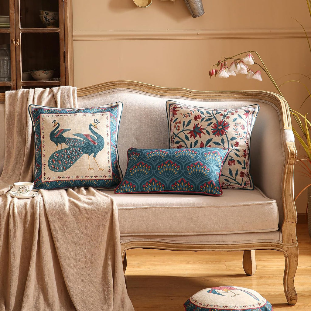 Navy Blue Throw Pillow Covers,Rustic Animal Print with Peacock Pattern Linen Pillowcases,Decorative Round Pillows Cushion Covers for Sofa Bed Couch Chair, Diameter 16"