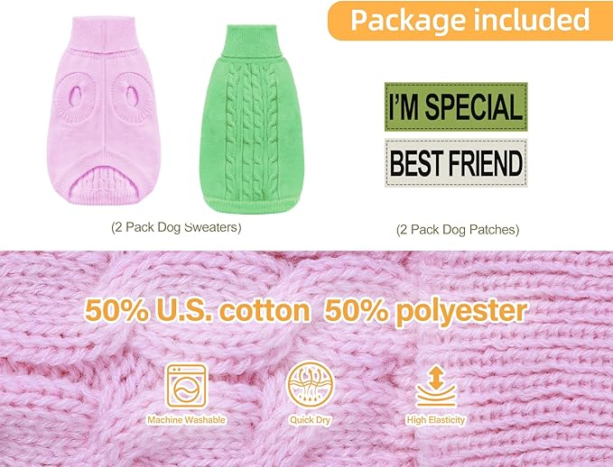 2 Pack Dog Sweaters for Small Dogs - Puppy Medium Warm Clothes in Winter, Turtleneck Pullover Design for Boy Girl Pet, Doggie, Cat, Kitten Chihuahua Bulldog Pug Beagles (XS, Pink, Green)