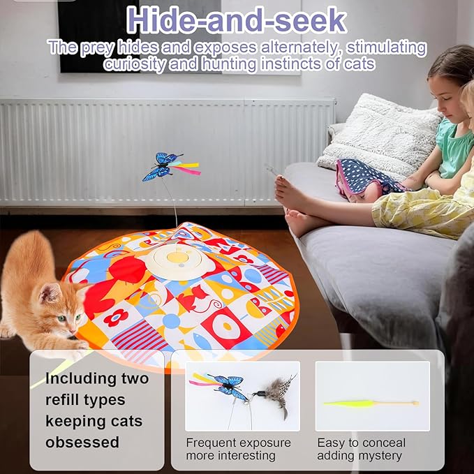 Wn's Day Rechargeable Cat Toys,Hide and Seek Game Interactive Cat Toys for Indoor Cats,Moving Wand Feather Cat Stimulation Toys,Touch Activated Cat Enrichment Toys for Bored Indoor Adult Cats(Yellow)