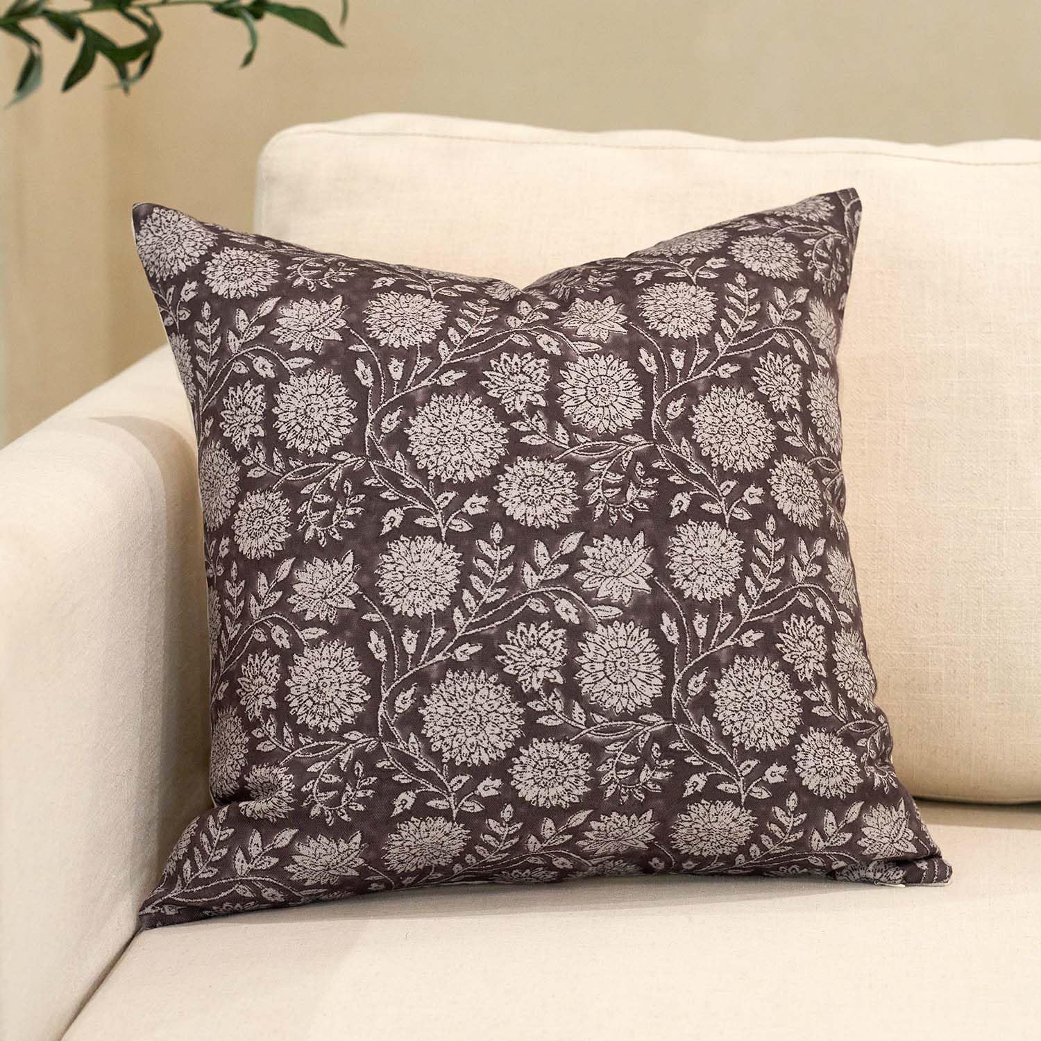 Amor Virisso Floral Pillow Covers 18x18 Throw Pillow Covers Vintage Block Print Pillow Cover Neutral Couch Pillows for Living Room Farmhouse Decorative Accent Sofa Pillows, Dark Brown