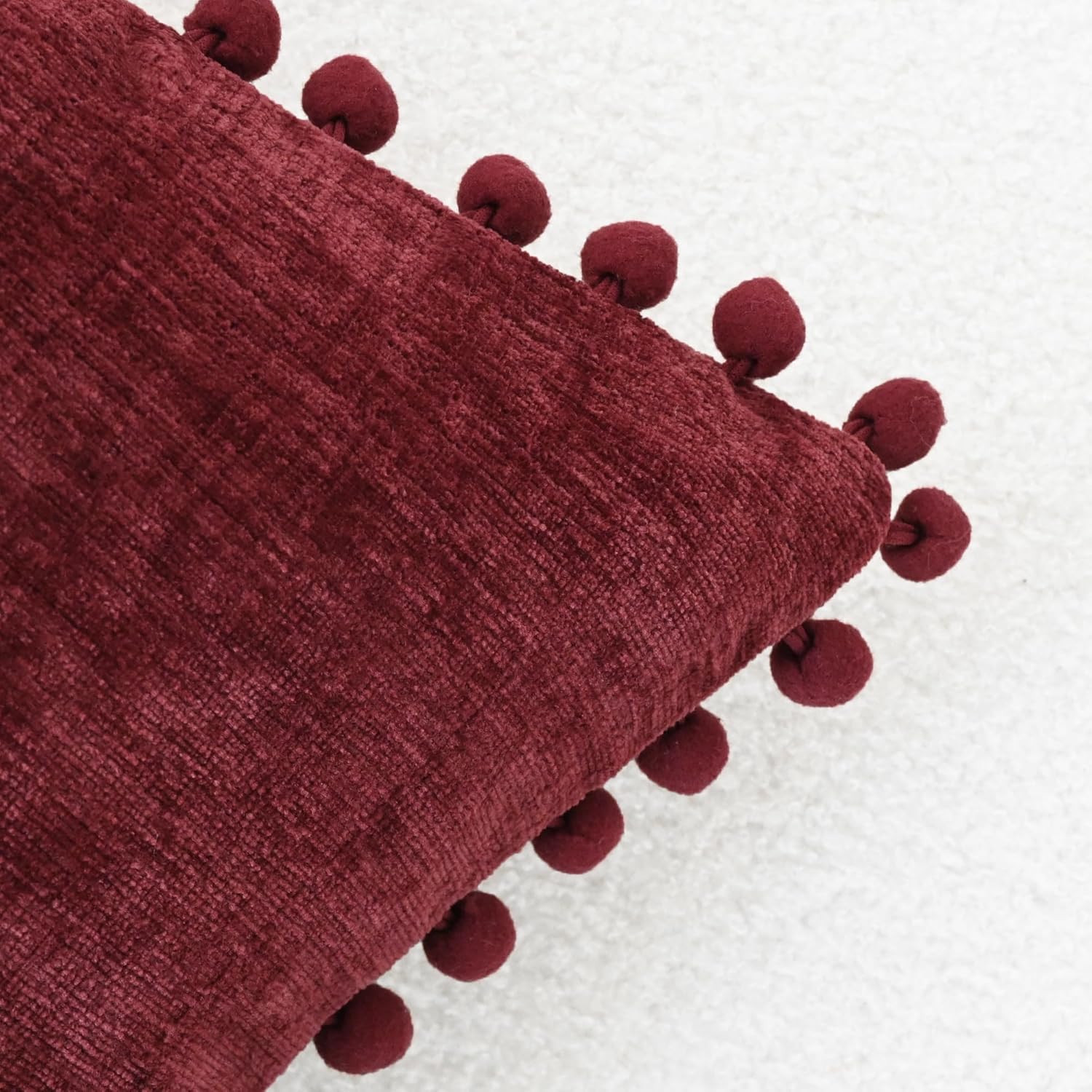 CaliTime Christmas Throw Pillow Covers Decorative 18 X 18 Inches Pack of 2 Cozy Solid Dyed Soft Chenille Cushion Cases with Pom Poms for Couch Sofa Bed Living Room Home Burgundy