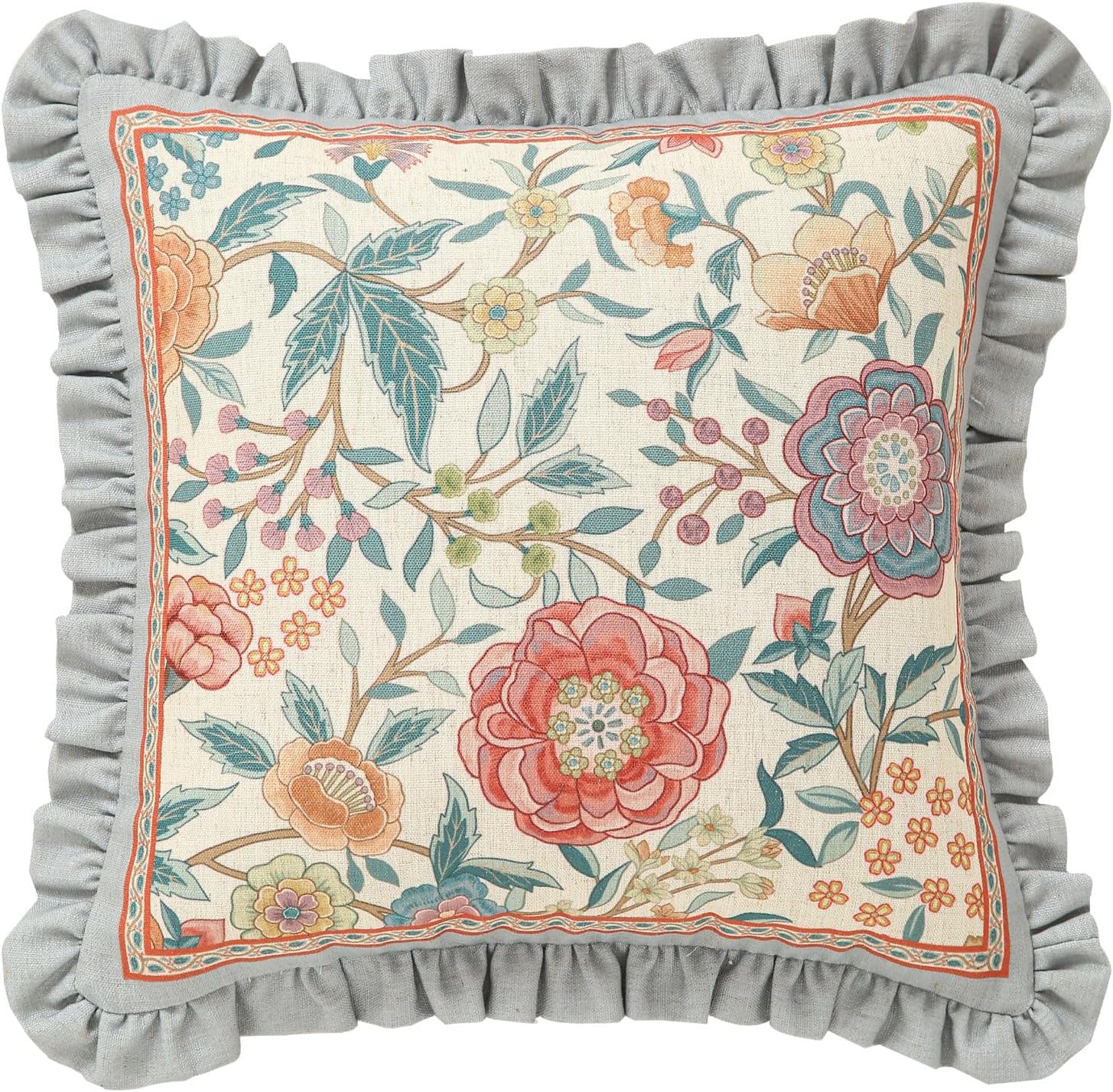 Orange Throw Pillow Covers,Cottage Rustic with Blooming Floral Pattern Linen Pillowcases,Decorative Square Pillows Cushion Covers for Couch Sofa Bed Chair Car,18x18 Inches