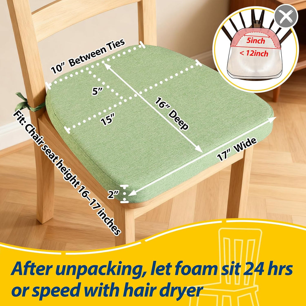 AAAAAcessories D-Shaped Chair Cushions, 2" Thick Dining Chair Pads with Ties and Removable, Machine-Washable Cover, 17" x 16", Pear Green