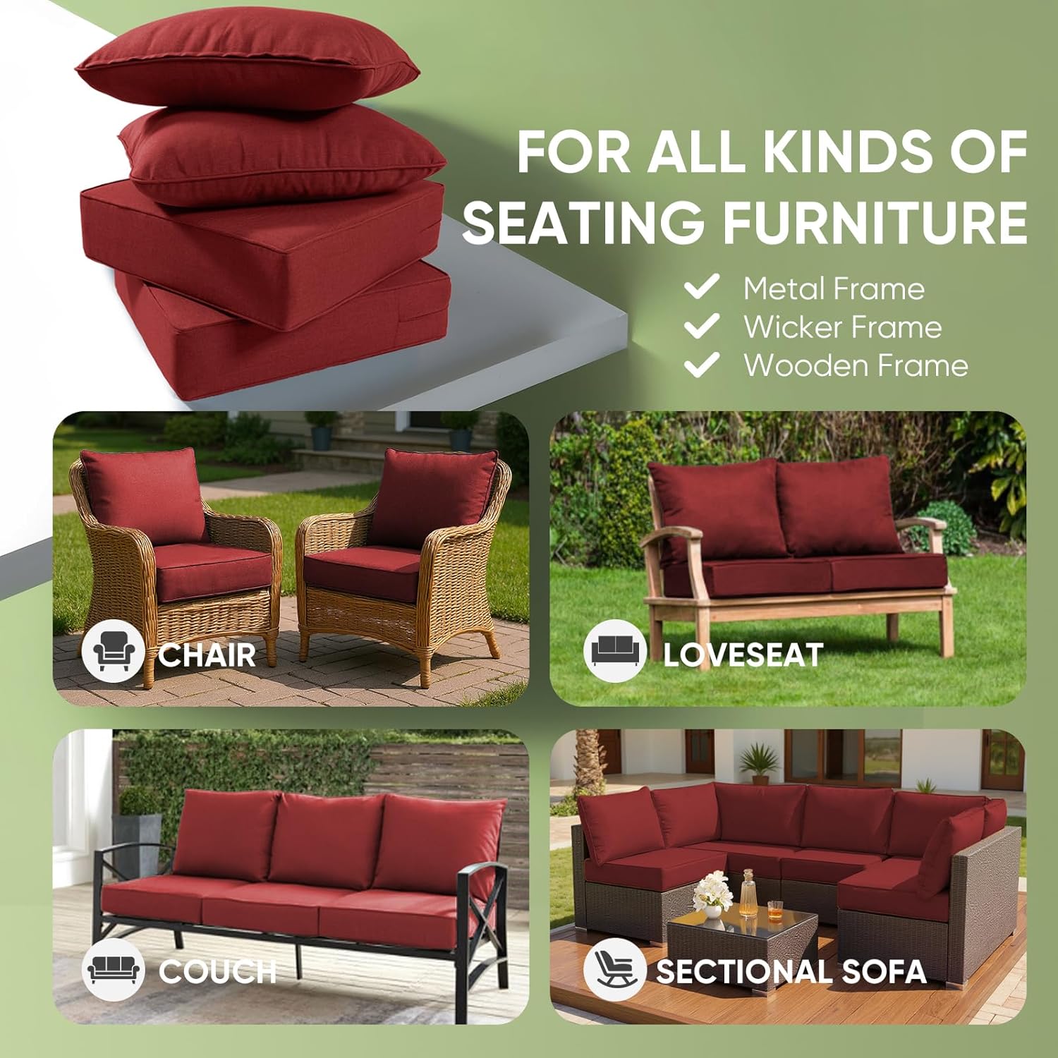 Outdoor Furniture Cushions, 6 inch Thick Seat Cushions for Outdoor Furniture, Waterproof 24x24 Patio Couch Cushions, Replacement Chair/Sofa Cushion, Include 4 Back & 4 Seat Cushion, Thick/Red