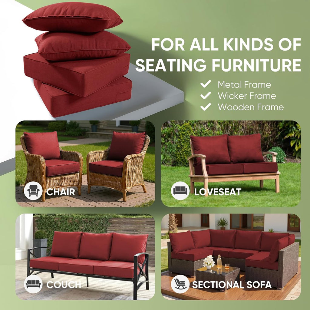 Outdoor Chair Cushions Set of 3, Waterproof 24x24 Patio Chair Cushion, 6" Thickened Seat Cushion for Outdoor Furniture, Couch Cushion Replacement, Include 3 Back & 3 Seat Cushions, Thick/Red