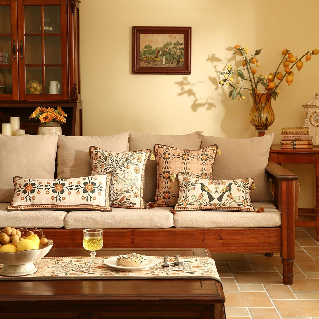 Brown Throw Pillow Covers Set of 2,Floral Farmhouse Yellow Birds Flower Pattern Linen Accent Pillows Cover for Couch,Decorative Pillows for Couch Sofa Bed Chair Cushion Covers 18"x18"