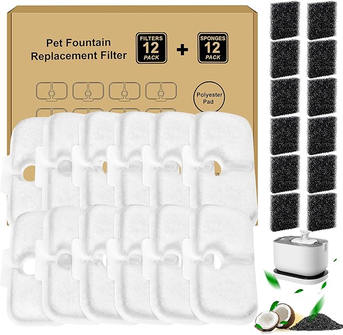 24 Pcs Replacement Filters for Dockstream Cat Water Fountain PLWF105/PLWF115/PLWF005, 12 Pack Pet Water Fountain Filters with 12 Pack Pre-Filter Sponges
