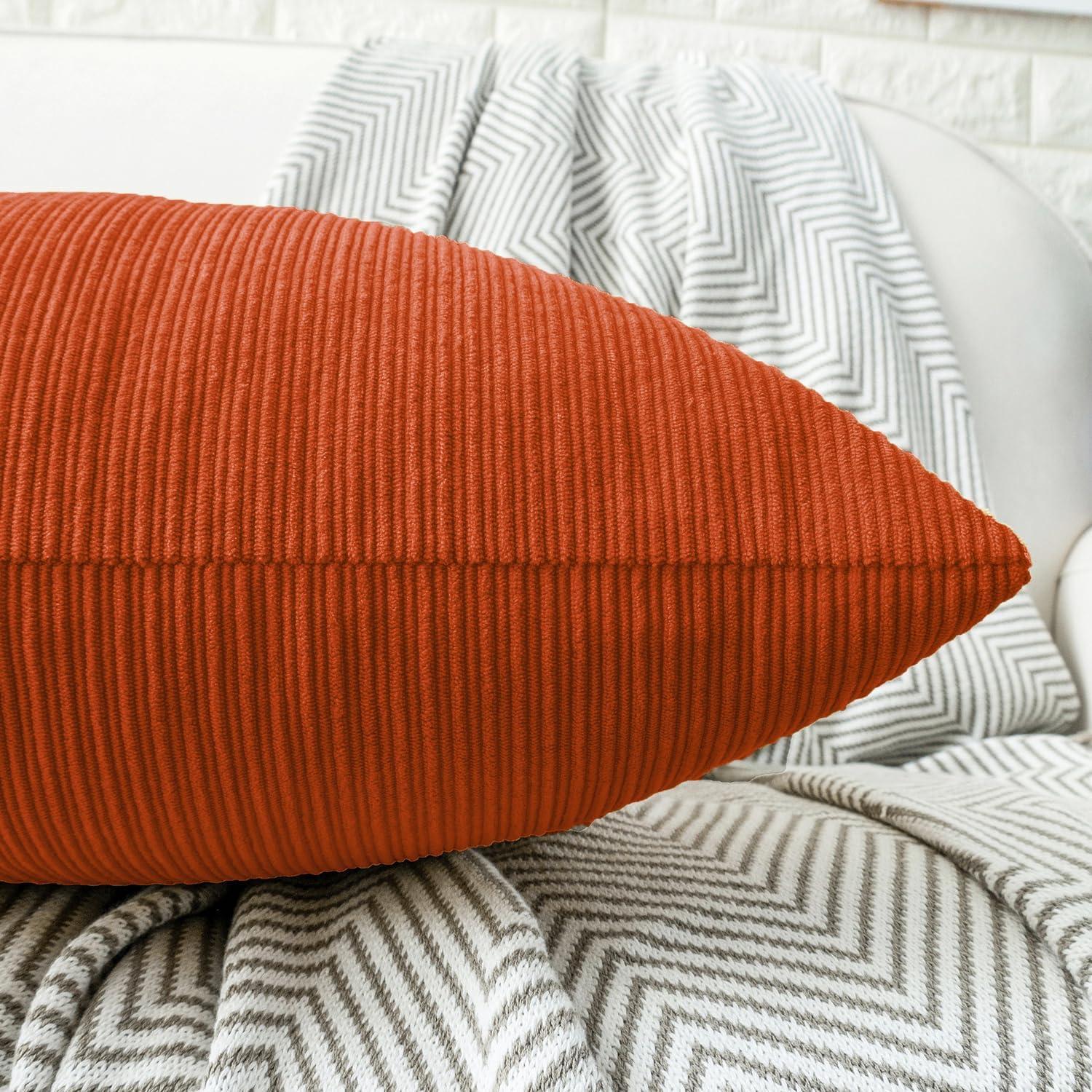 HWY 50 Burnt Orange Chenille Throw Pillow Covers 20x20 Inch with Triple Buttons, Soft Fall Farmhouse Accent Decorative Cushion Cases for Couch Sofa Bed Living Room Pack of 2