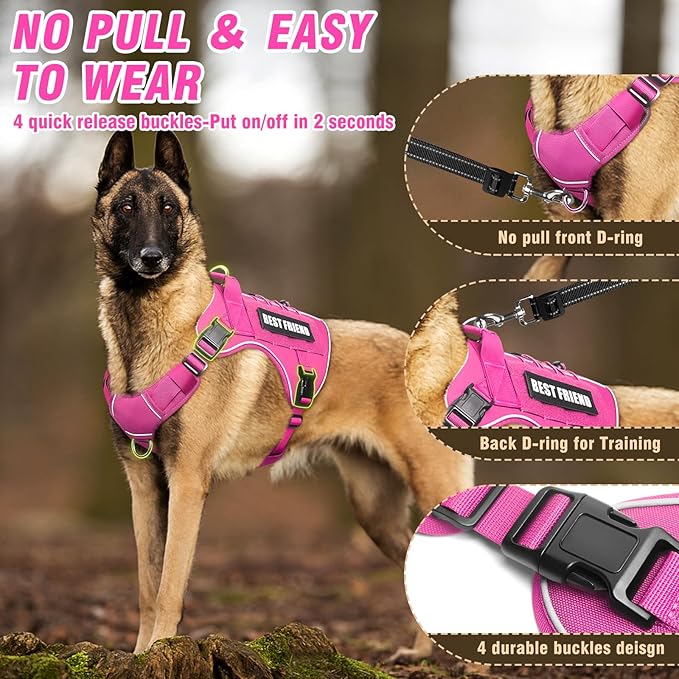 Tactical Dog Harness for Large Dogs,No Pull Military Dog Vest with Handle,Reflective Heavy Duty Pet Harness for K9 Working Walking Hiking Training Pink XL