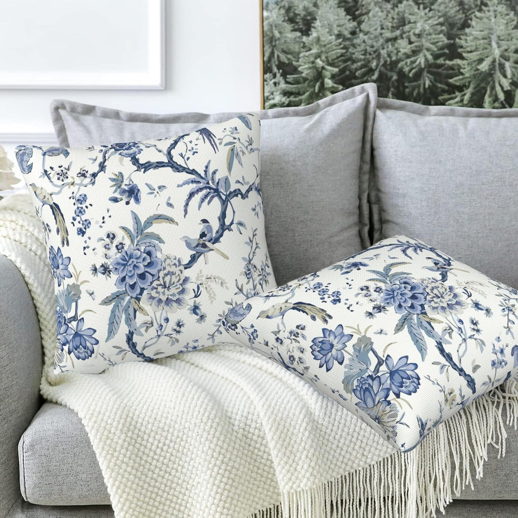 Chinoiserie Throw Pillow Cover Case Blue White Flowers Throw Pillows Set of 2 Super Soft Pillow Covers 20x20 Inches Farmhouse Home Decor for Living Room Bedroom Sofa Couch Cushion Cover
