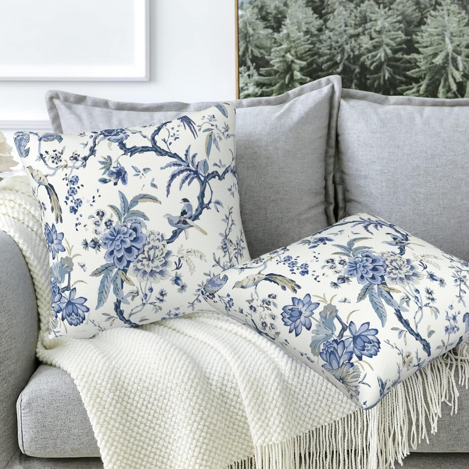 Chinoiserie Throw Pillow Cover Case Blue White Flowers Throw Pillows Set of 2 Super Soft Pillow Covers 20x20 Inches Farmhouse Home Decor for Living Room Bedroom Sofa Couch Cushion Cover