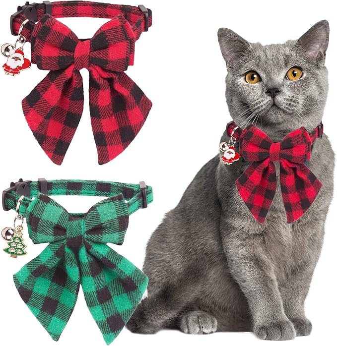 ADOGGYGO Christmas Cat Collars Breakaway with Bowtie, 2 Pack Red Green Plaid Xmas Kitten Collar with Removable Bow Bell Christmas Collar for Cats Kittens