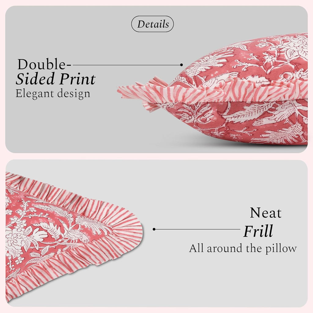 CPC Ruby Red 100% Cotton Block Print Ruffle Sham Cover 20X30 inch Pack of 2, Handmade Boho Floral Pillowcase, Soft Decorative Queen Bed Pillow Cover for Bedroom Décor