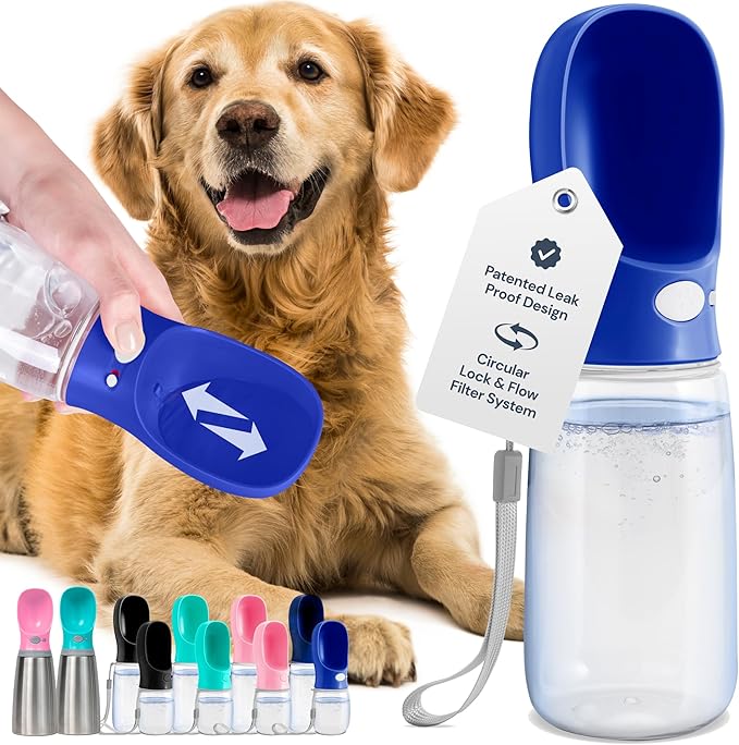 MalsiPree Stainless Steel Dog Water Bottle - 19 oz, Navy Blue - One-Hand Leak-Proof Hydration & Pet Water Dispenser - Built-in Travel Bowl & Travel Pet Bowl - BPA-Free Steel for Dog Camping
