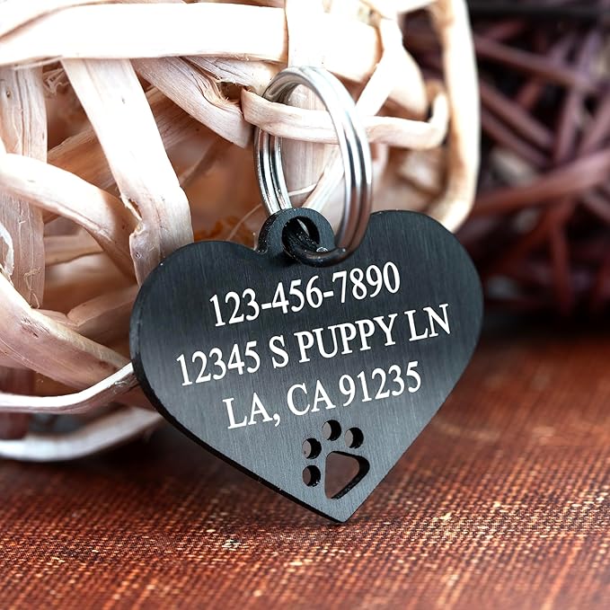 Ultra Joys Dog Tags Personalized for Pets - Hollow Paw Custom Pet ID Tag - Engraved Dog Tag for Small, Large Dogs - Large Heart in Black