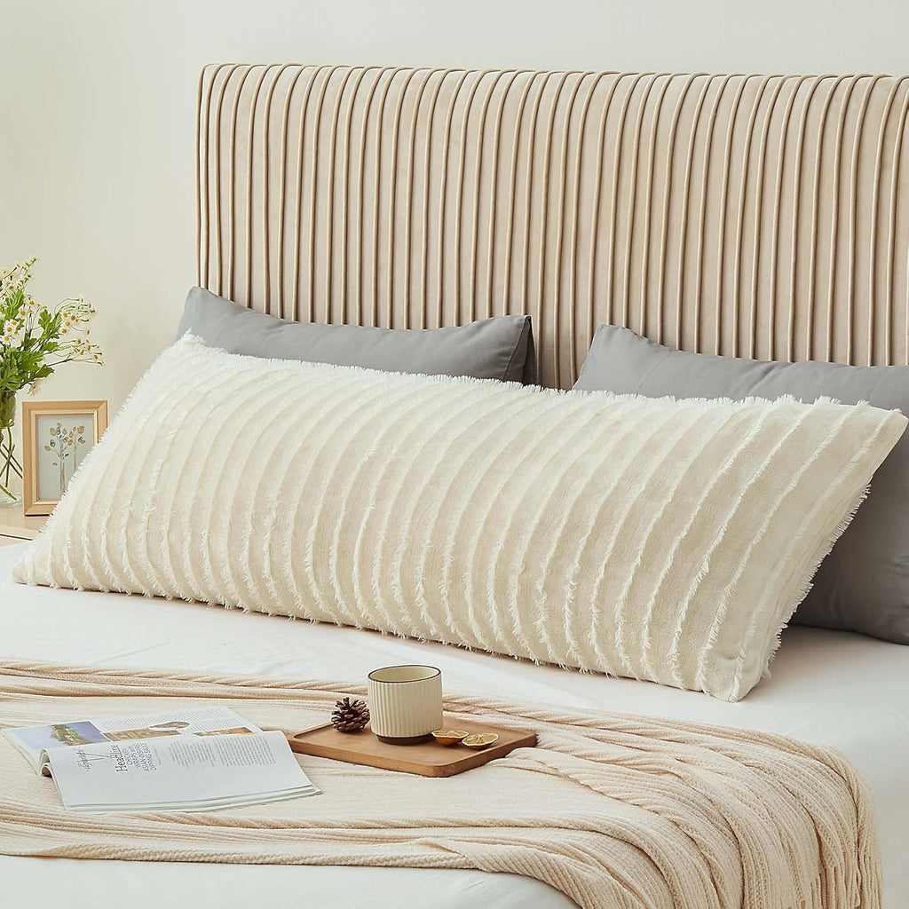 BEDELITE Body Pillow Cover with Zipper Closure, Decorative Boho Fleece Pillowcase 20 x 54 Inches, Luxury Fluffy Plush Long Body Pillow Pillowcase for All Seasons(Beige-Boho)